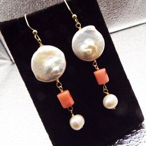 NATURAL COIN MOBE BLISTER PEARLS BRANCH CORAL BEAD HANGING PIERCED EARRINGS 56